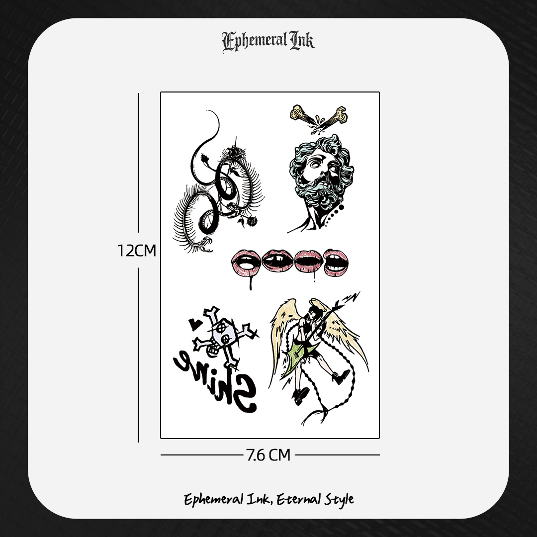 Pack de tatouages gothiques Rock & Roll, Autocollants corporels étanches Angel Guitar Vampire (2 feuilles par set)