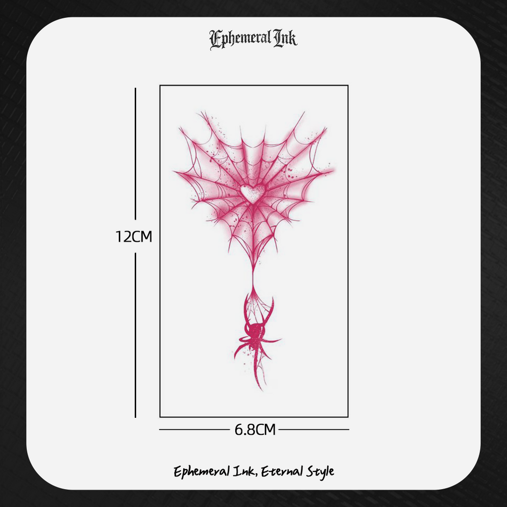 Pink Spider Web Heart Temporary Tattoo, Gothic Spider Tattoo Sticker (2 sheets per set)