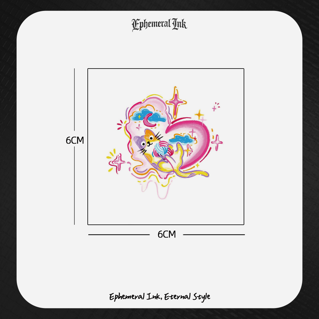 Tatouages éphémères mignons de sirène chat Y2K, autocollants de tatouage imperméables en forme d'étoiles et de cœurs colorés (2 feuilles par lot)