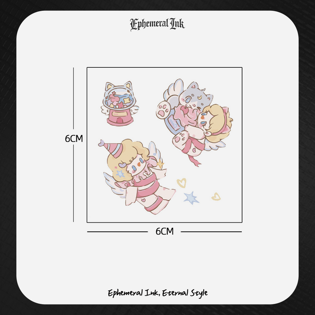Tatouages temporaires mignons de chat ange Kawaii, autocollants de tatouage étanches de dessin animé rose doux (2 feuilles par ensemble)