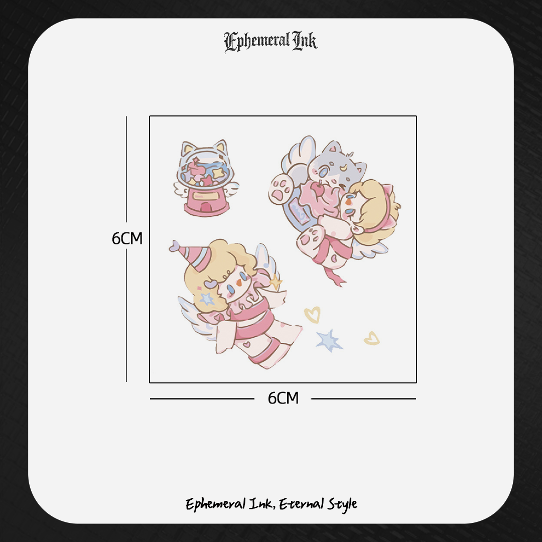 Tatouages temporaires mignons de chat ange Kawaii, autocollants de tatouage étanches de dessin animé rose doux (2 feuilles par ensemble)