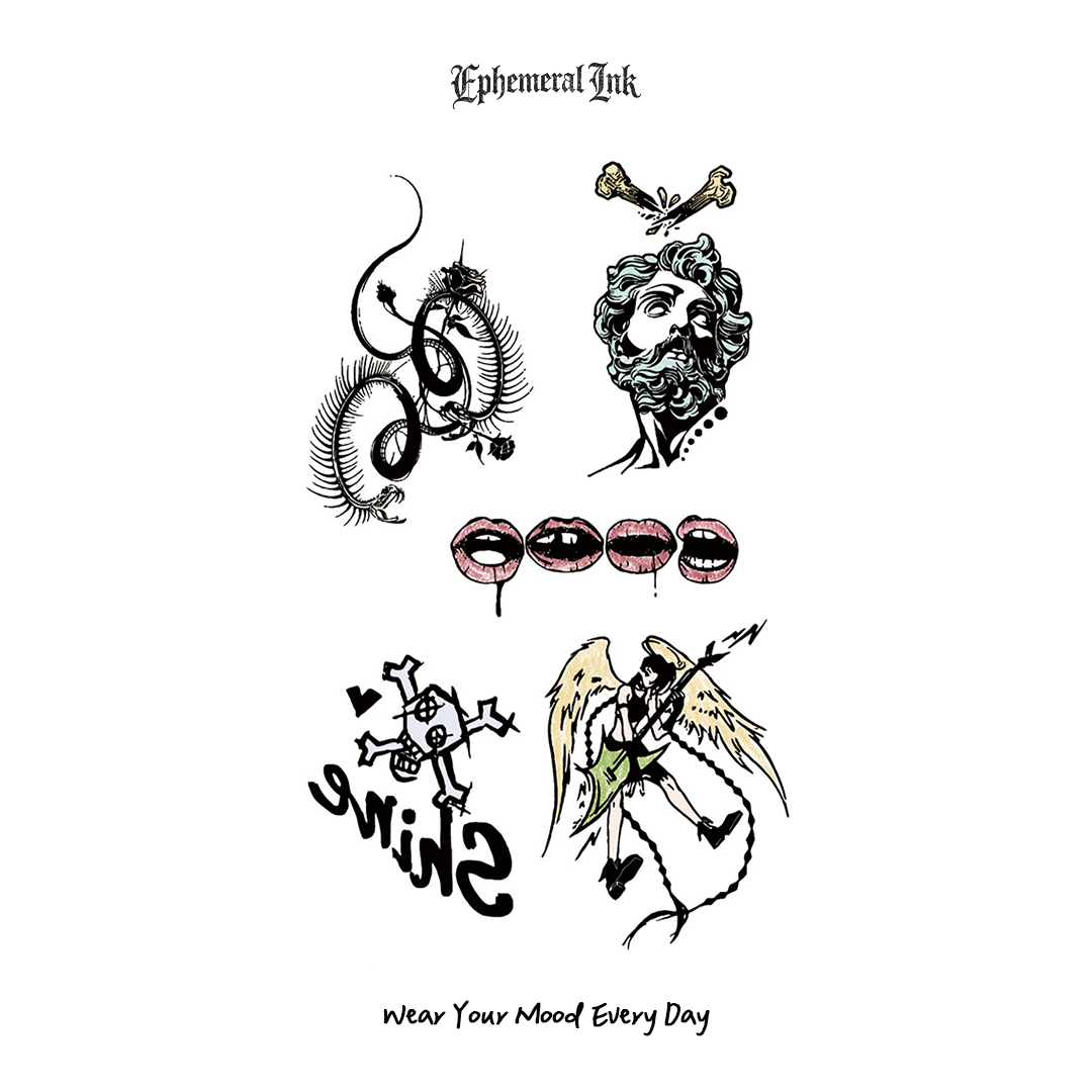Pack de tatouages gothiques Rock & Roll, Autocollants corporels étanches Angel Guitar Vampire (2 feuilles par set)