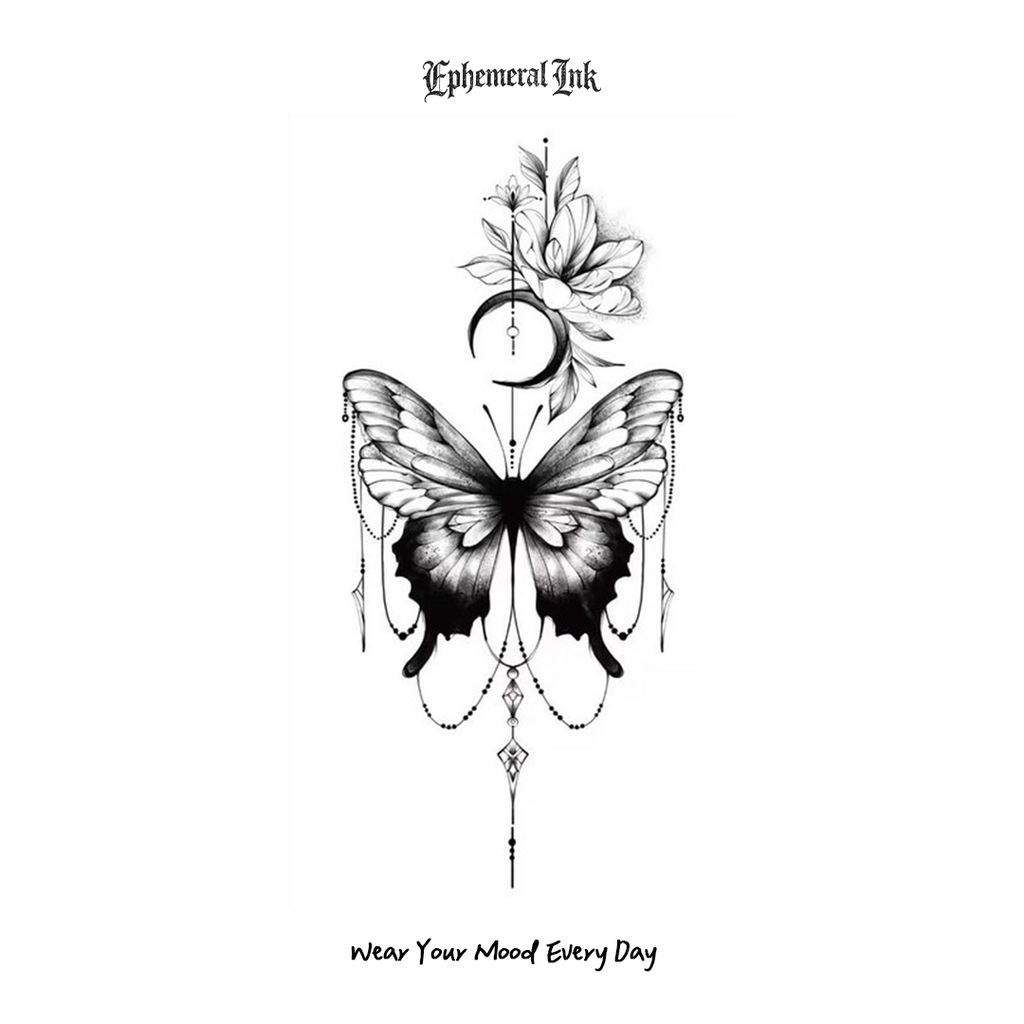 Celestial Butterfly Temporary Tattoo, Black Moon Flower Butterfly Tattoo Sticker (2 sheets per set)