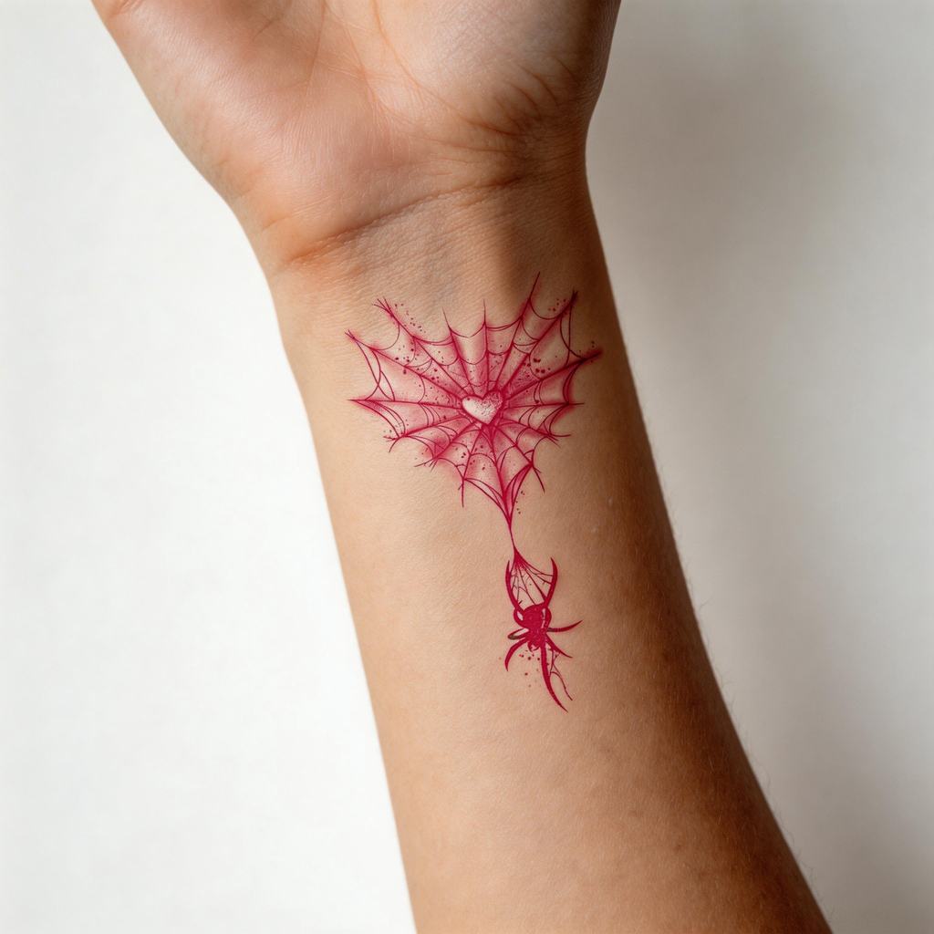 Pink Spider Web Heart Temporary Tattoo, Gothic Spider Tattoo Sticker (2 sheets per set)
