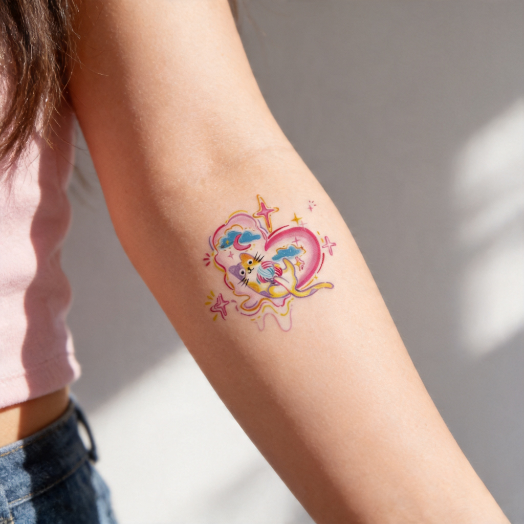 Tatouages éphémères mignons de sirène chat Y2K, autocollants de tatouage imperméables en forme d'étoiles et de cœurs colorés (2 feuilles par lot)