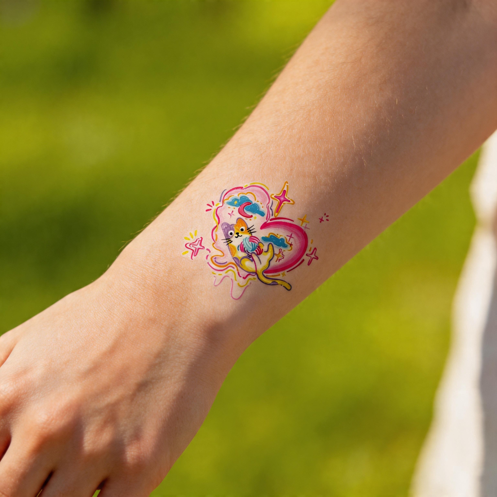 Tatouages éphémères mignons de sirène chat Y2K, autocollants de tatouage imperméables en forme d'étoiles et de cœurs colorés (2 feuilles par lot)