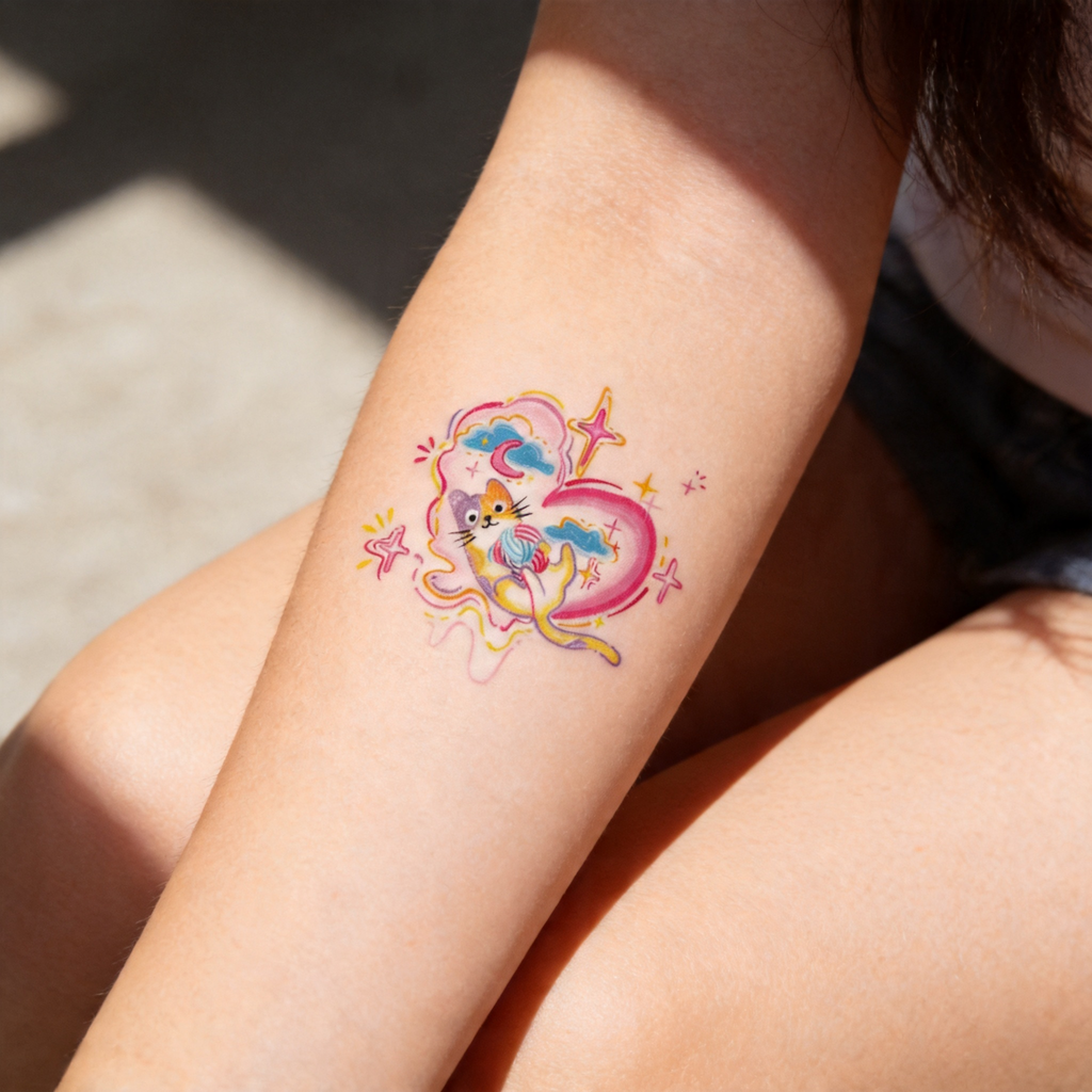 Tatouages éphémères mignons de sirène chat Y2K, autocollants de tatouage imperméables en forme d'étoiles et de cœurs colorés (2 feuilles par lot)