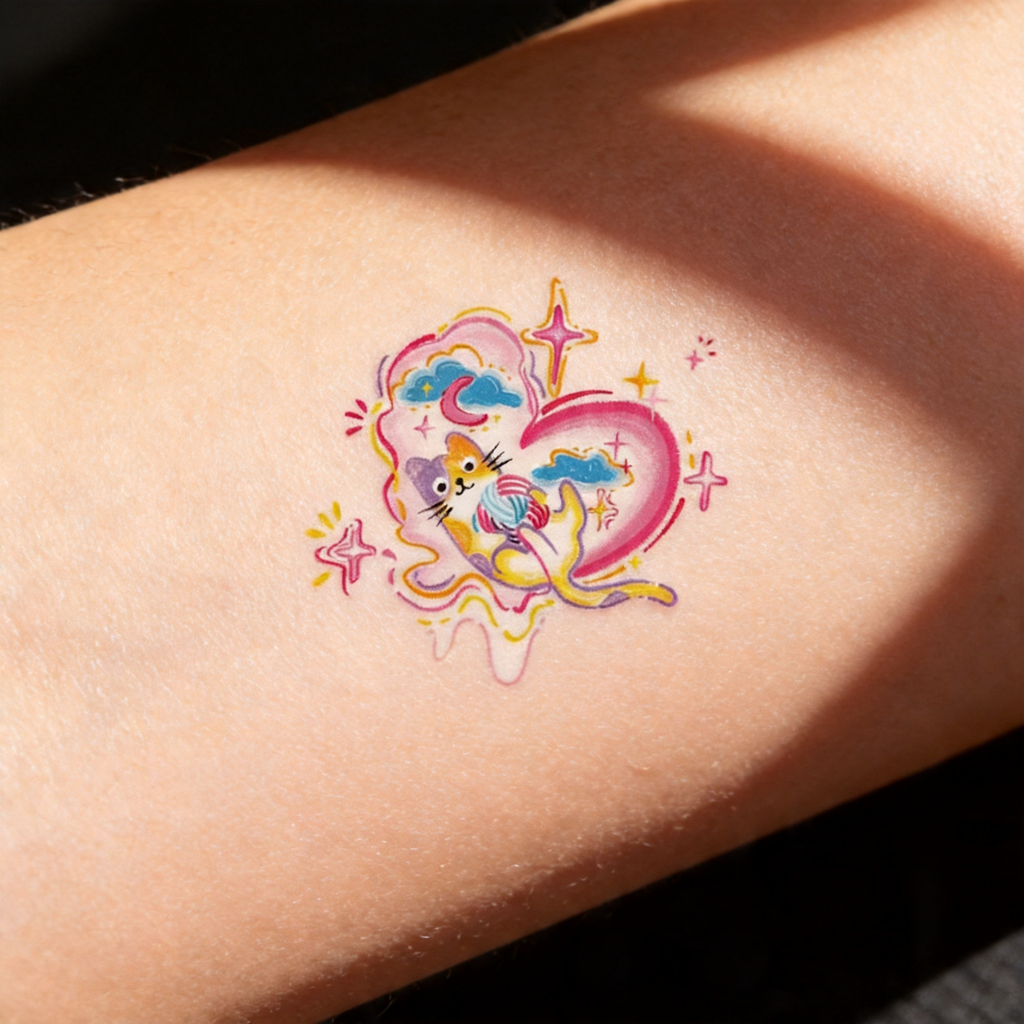 Tatouages éphémères mignons de sirène chat Y2K, autocollants de tatouage imperméables en forme d'étoiles et de cœurs colorés (2 feuilles par lot)
