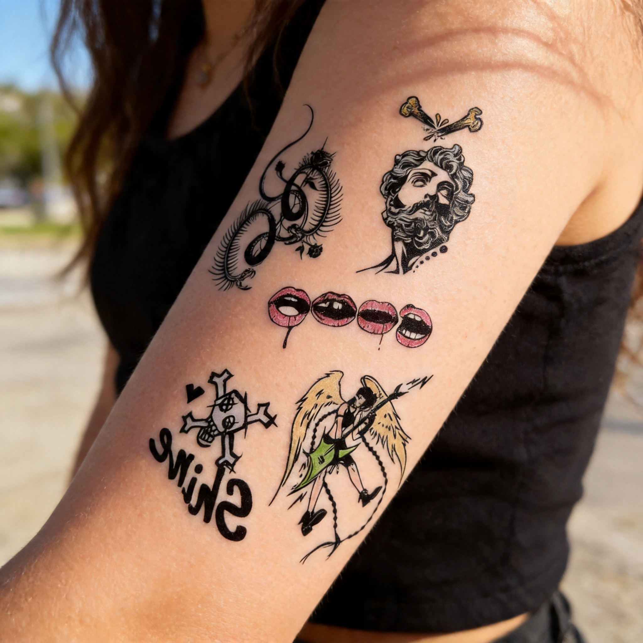 Pack de tatouages gothiques Rock & Roll, Autocollants corporels étanches Angel Guitar Vampire (2 feuilles par set)