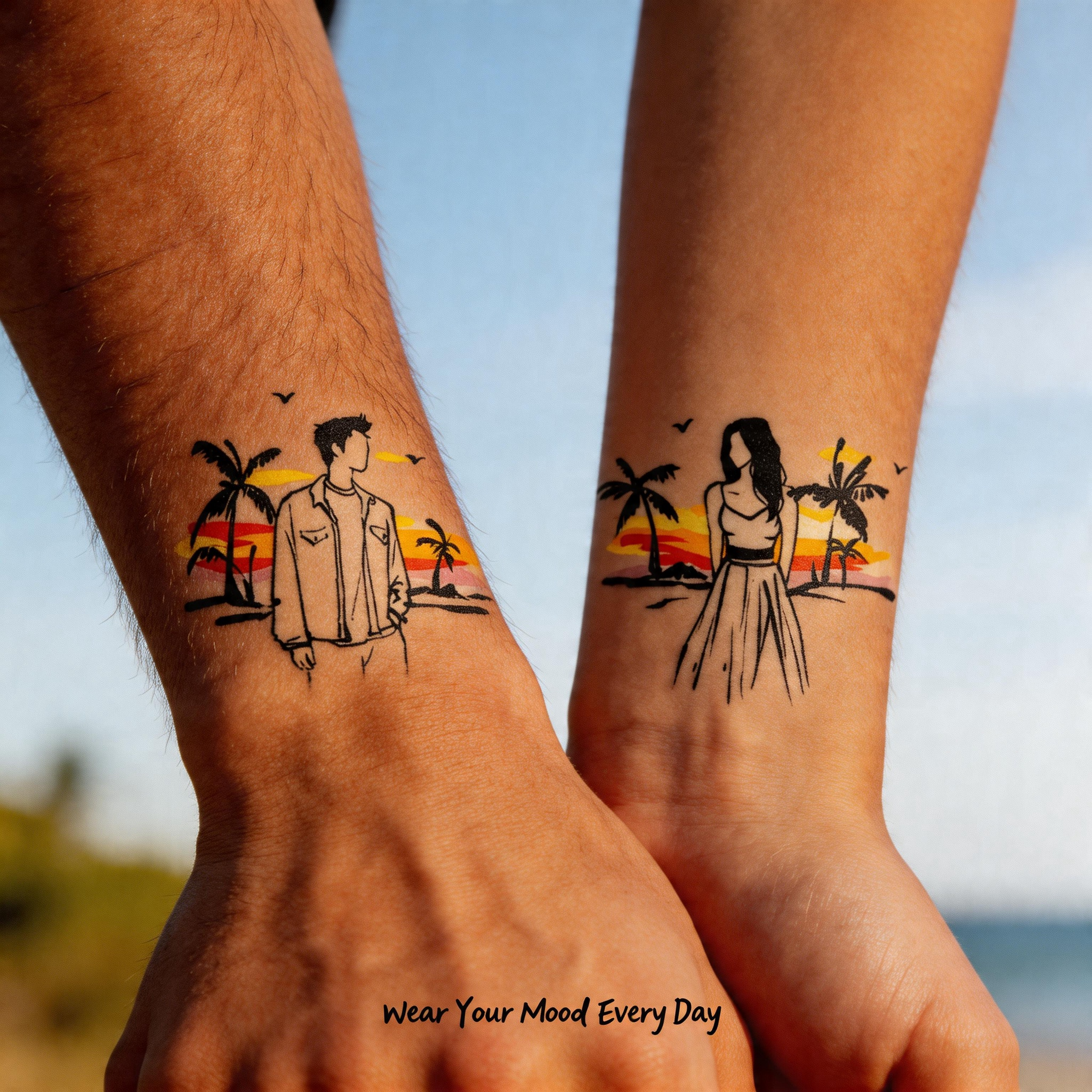 Romantic Beach Couple Temporary Tattoos (2pcs/set)